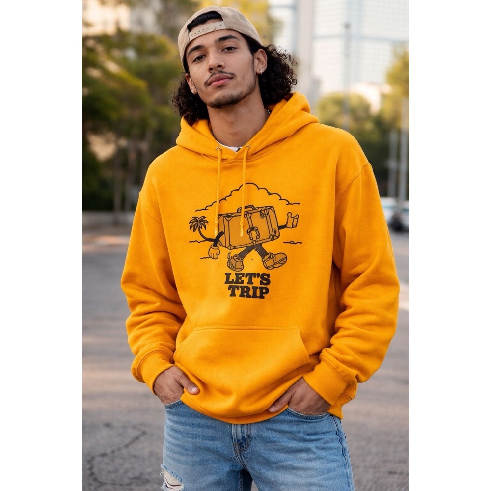 Retro Cartoon Suitcase Let's Trip Hoodie Mustard Yellow XL Streetwear